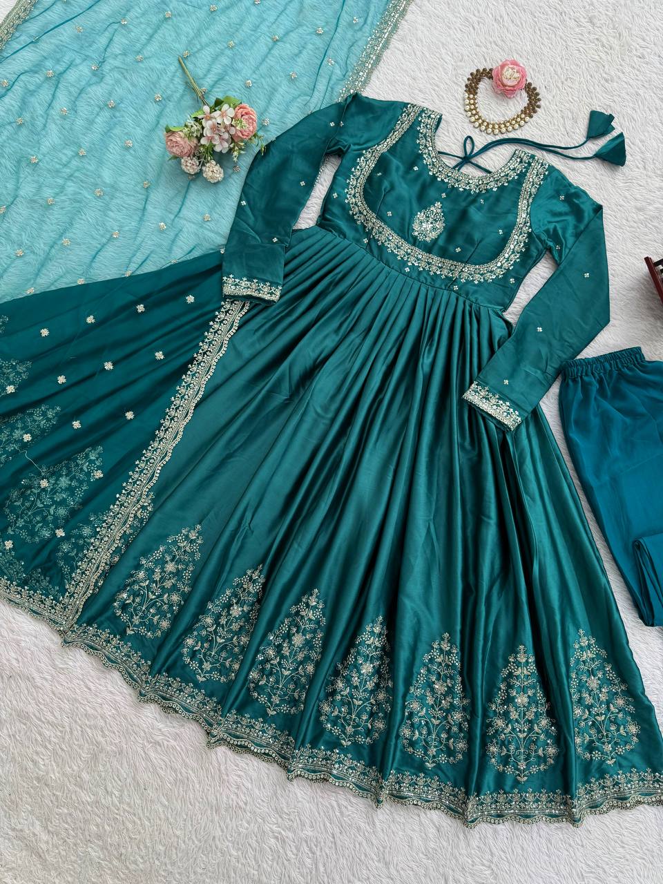 Emerald Green Embroidered Anarkali Gown