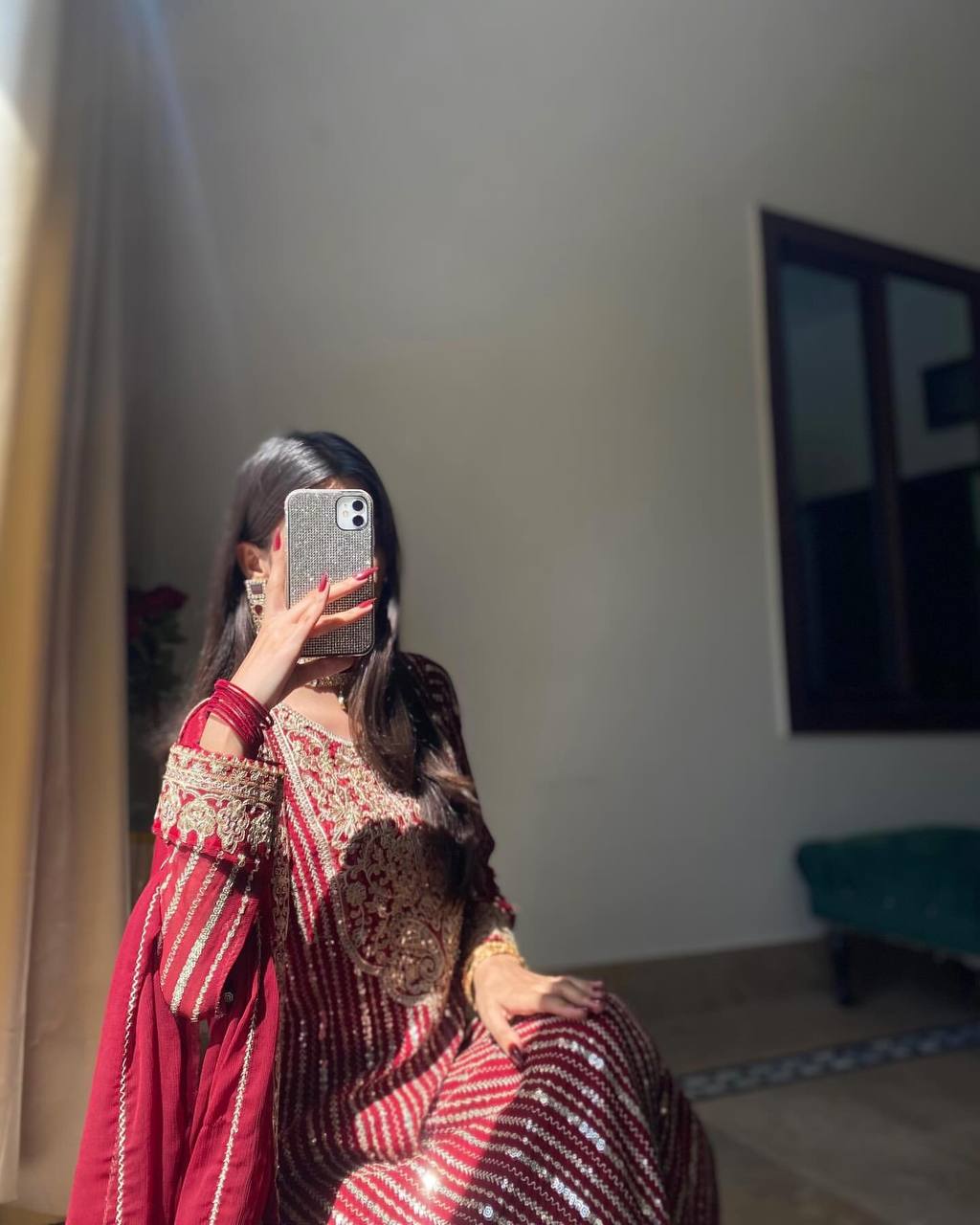 Red Embroidered Straight Suit Set