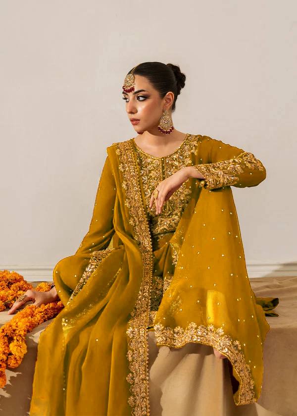 Mustard Embellished Long Kurta with Sharara and Dupatta