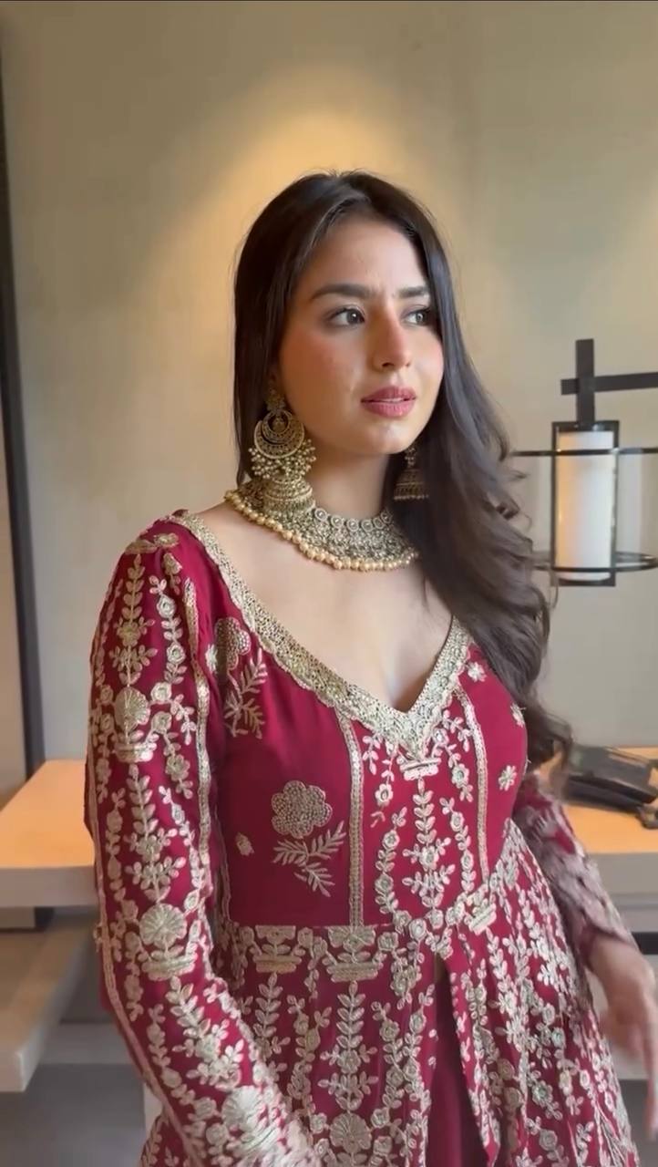 Wine Red Heavy Embroidered Bridal Lehenga with Long Sleeves and Dupatta