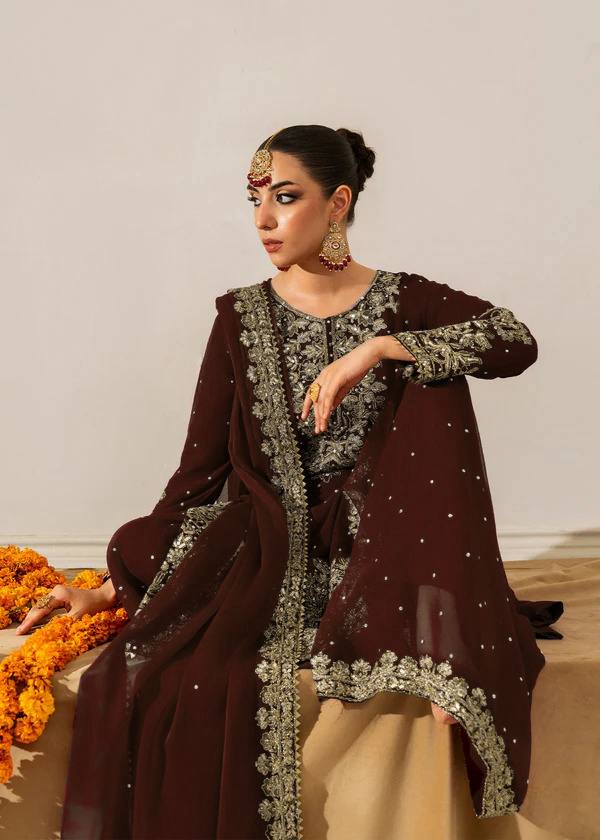 Deep Maroon Embellished Long Kurta with Sharara and Dupatta
