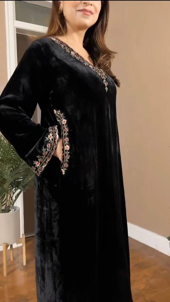 Black Velvet Embroidered Kurta Set