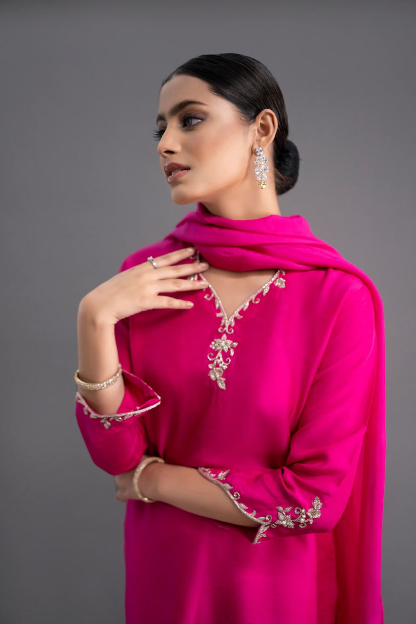 Fuchsia Pink Embroidered Long Kurta Set with Attached Trail