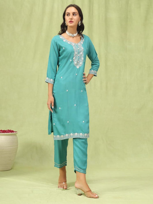 Teal Blue Embroidered Straight Kurta Set with Printed Dupatta