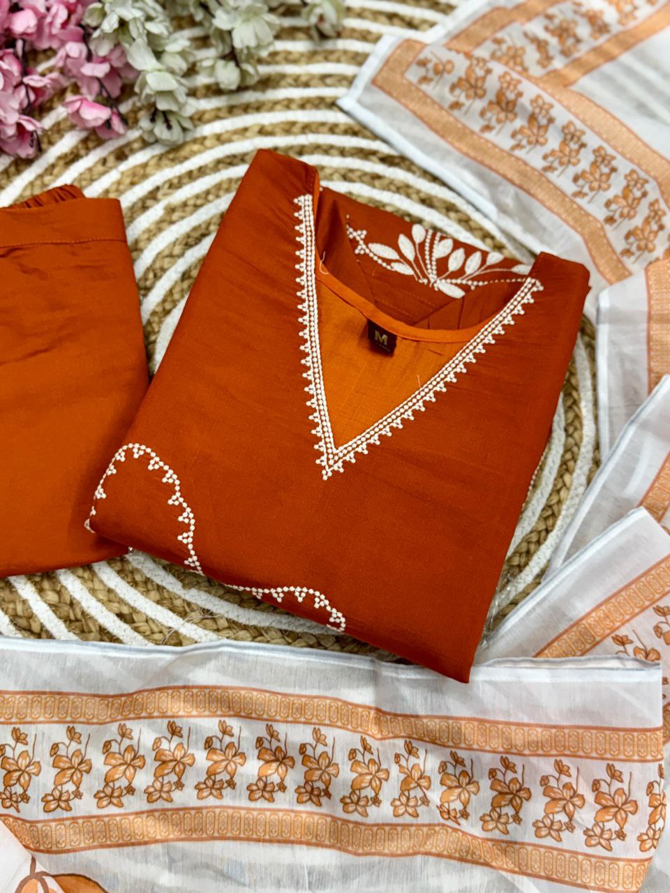 Rust Orange Cotton Kurti Set with White Dupatta