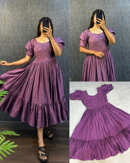 Lavender Purple Embroidered Pleated Sleeve Flared Midi Dress