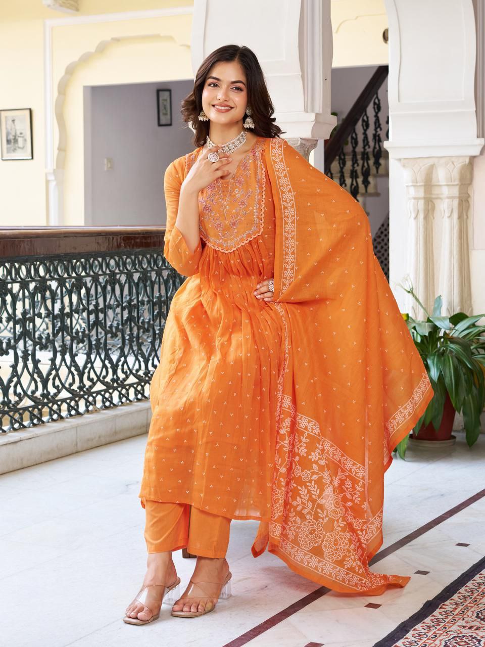 Radiant Orange Embroidered Anarkali Suit Set