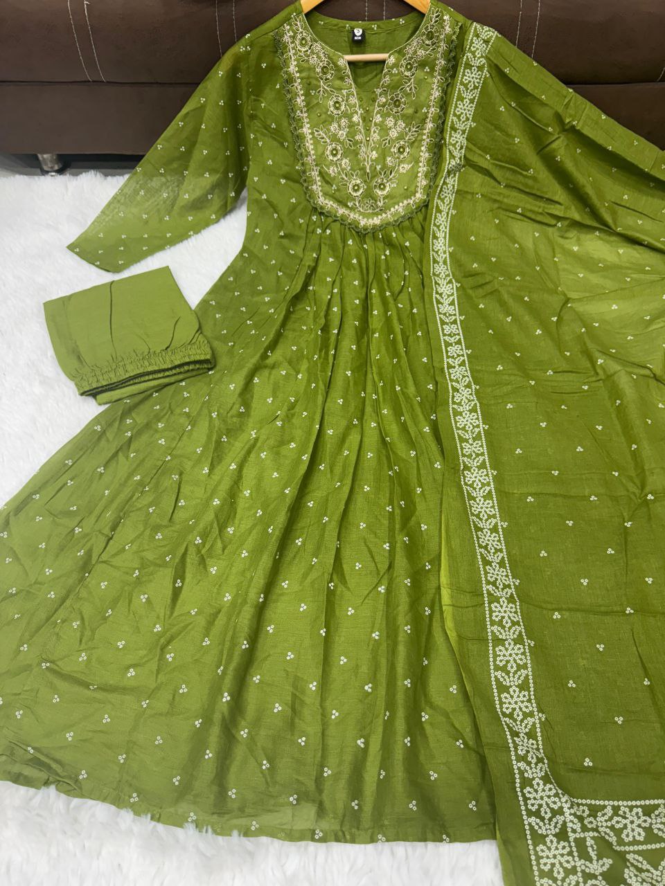 Elegant Olive Green Embroidered Anarkali Suit Set