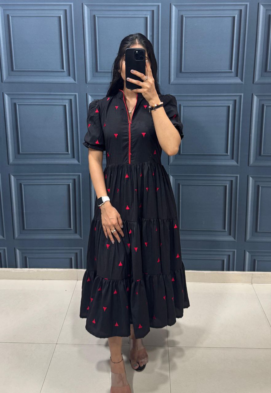 Black Tiered Midi Dress with Puff Sleeves