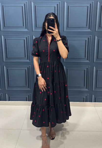 Black Tiered Midi Dress with Puff Sleeves