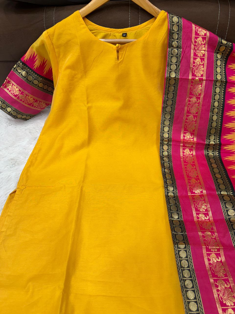 Yellow Cotton Kurti with Pink & Black Banarasi Border Dupatta Set