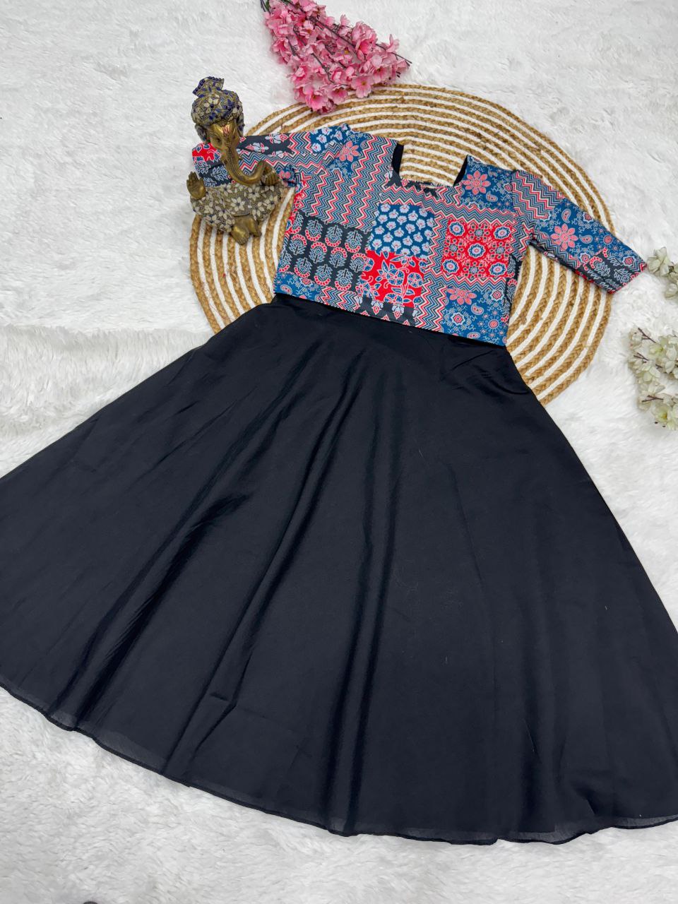Patchwork Printed Top with Solid Black Flared Midi Dress
