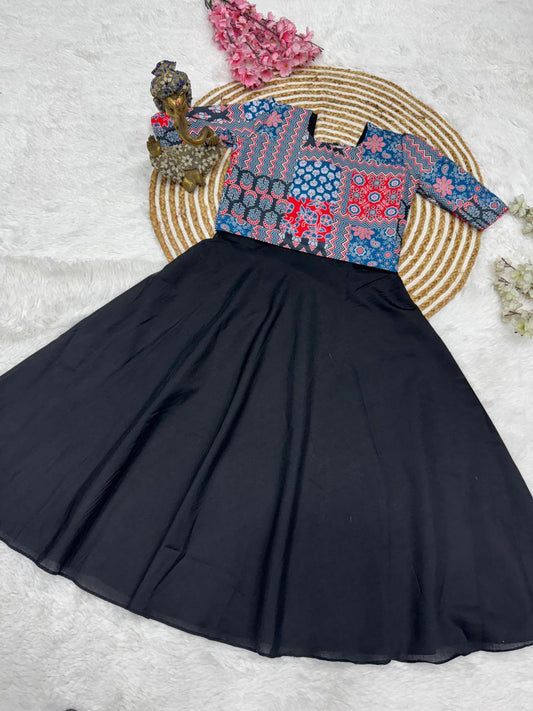 Patchwork Printed Top with Solid Black Flared Midi Dress