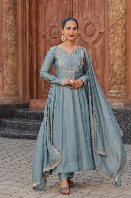 Dusty Blue Embroidered Anarkali Kurta Set with Dupatta