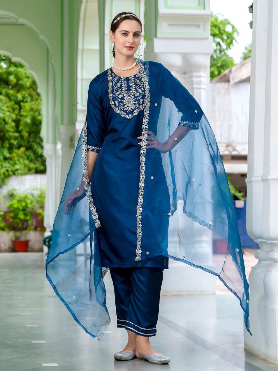 Navy Blue Embroidered Kurta Set with Pants and Dupatta