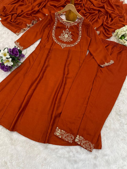 Rust Orange Embroidered Kurta Set with Pants and Dupatta