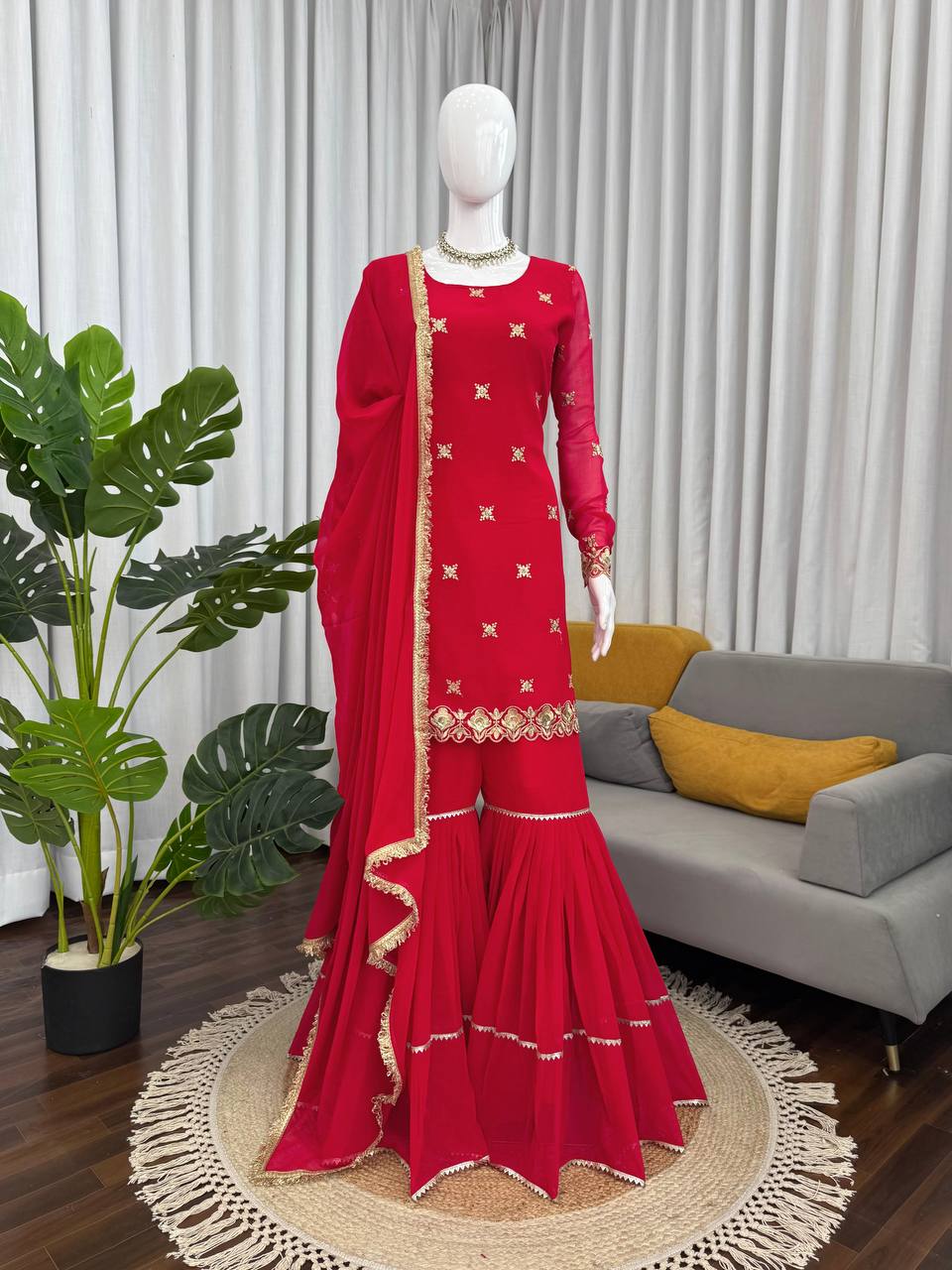 Red Embellished Sharara Suit