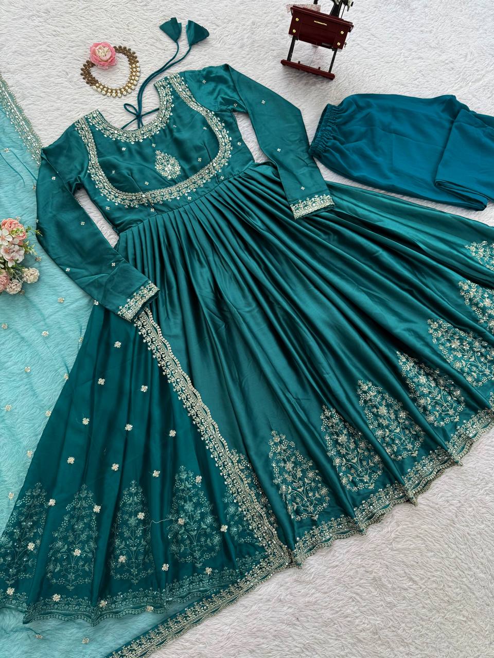 Emerald Green Embroidered Anarkali Gown
