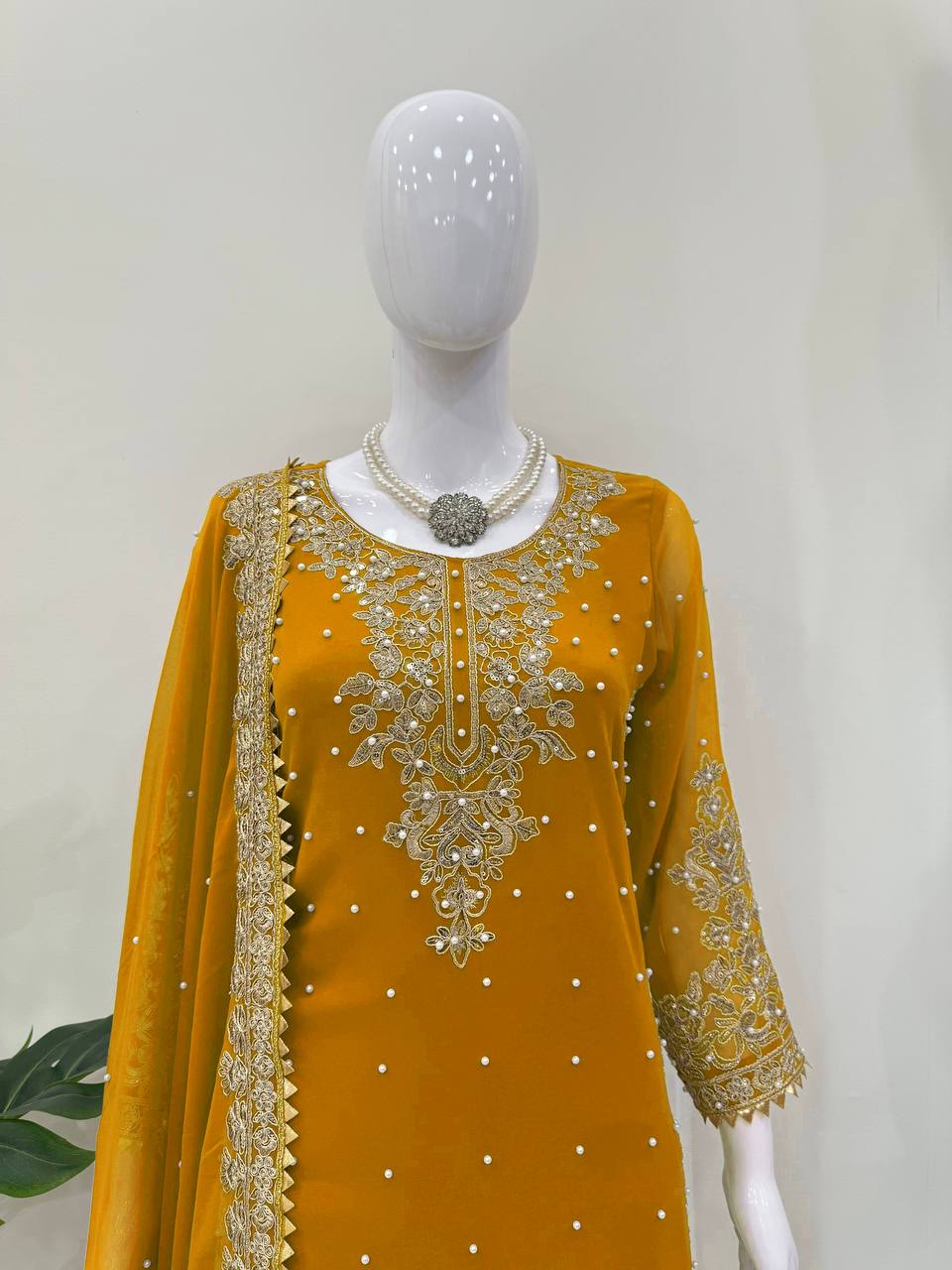 Mustard Embellished Long Kurta with Sharara and Dupatta