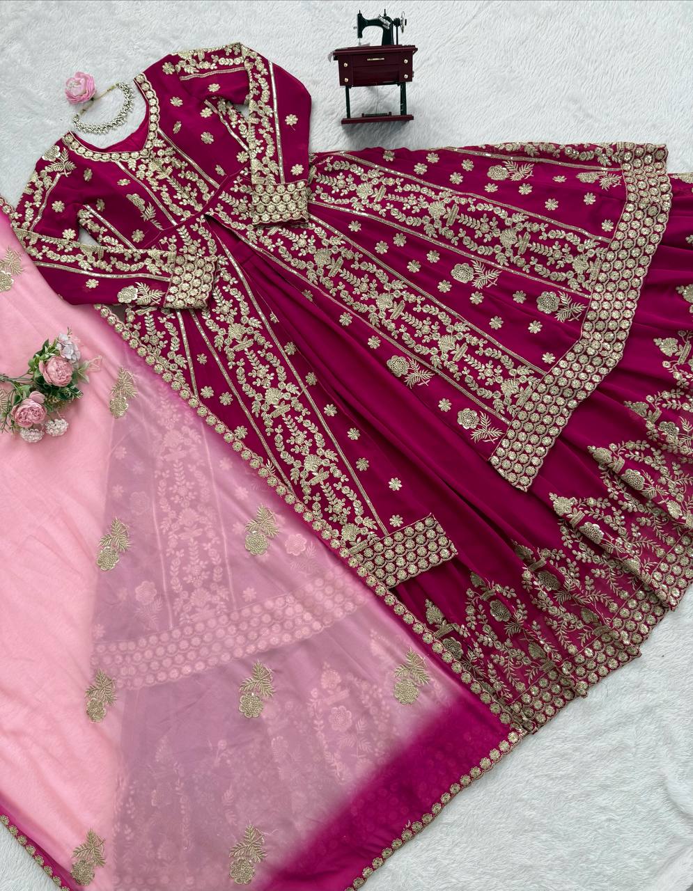 Wine Red Heavy Embroidered Bridal Lehenga with Long Sleeves and Dupatta