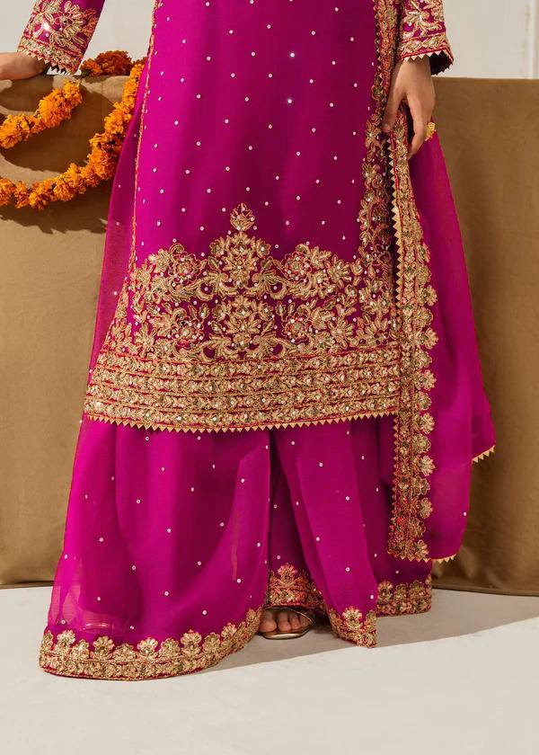 Fuchsia Embellished Long Kurta with Sharara and Dupatta