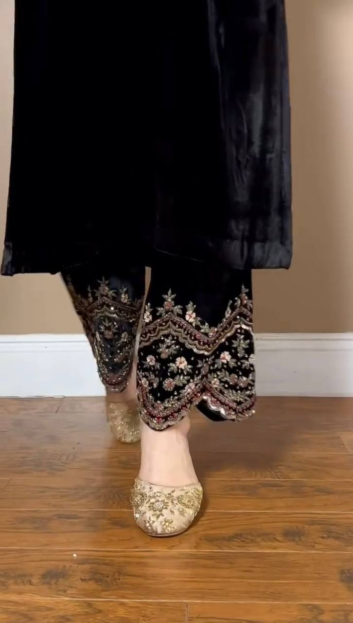 Black Velvet Embroidered Kurta Set