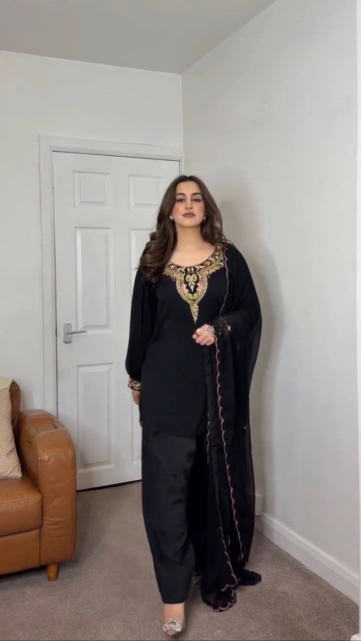 Black straight-cut embroidered suit with dhoti pants and contrast-edge dupatta