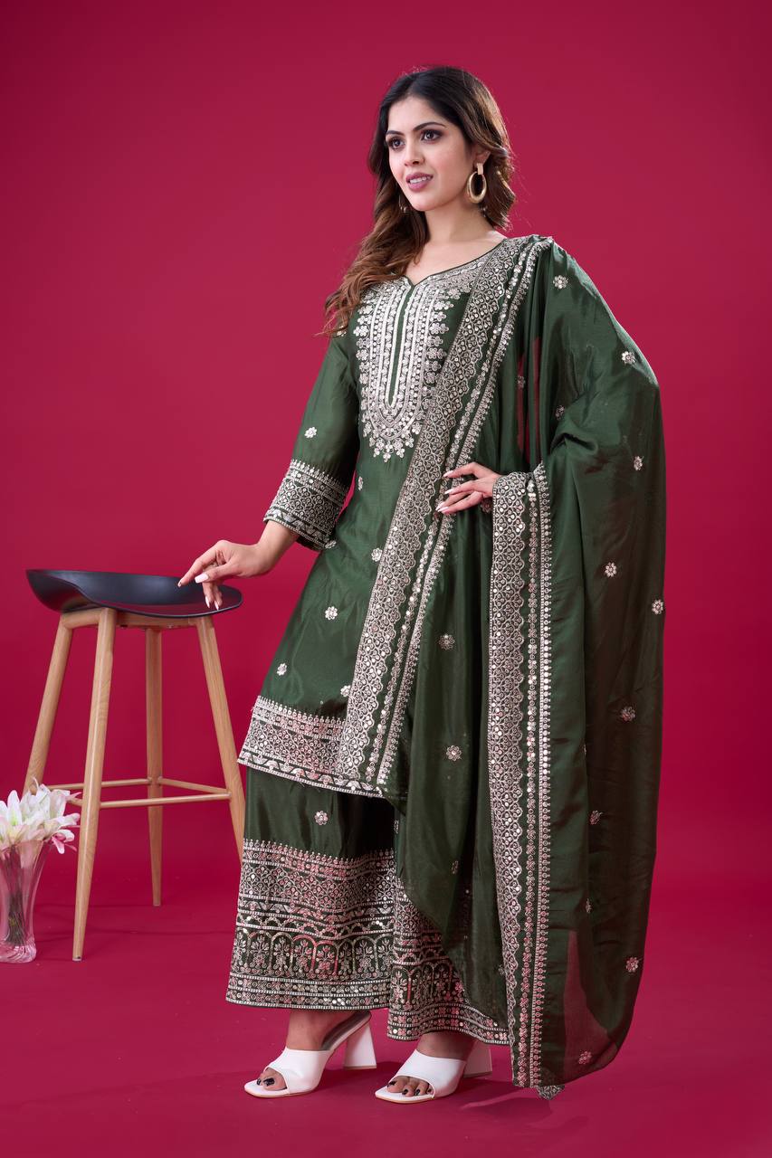 Green traditional ethnic Anarkali gown suit with mirror-work and thread embroidery