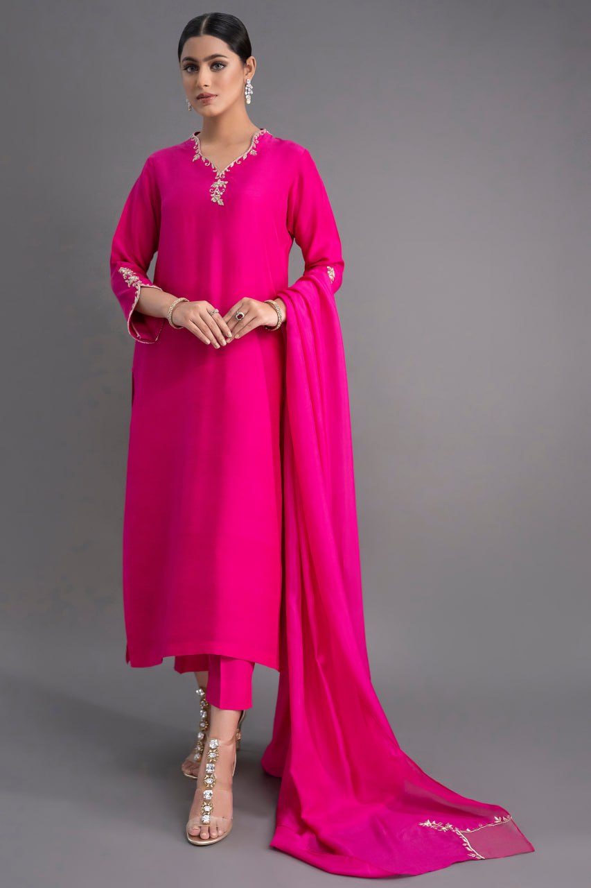 Fuchsia Pink Embroidered Long Kurta Set with Attached Trail