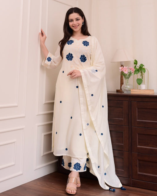 Cream Kurta with Blue Floral Embroidery & Dupatta