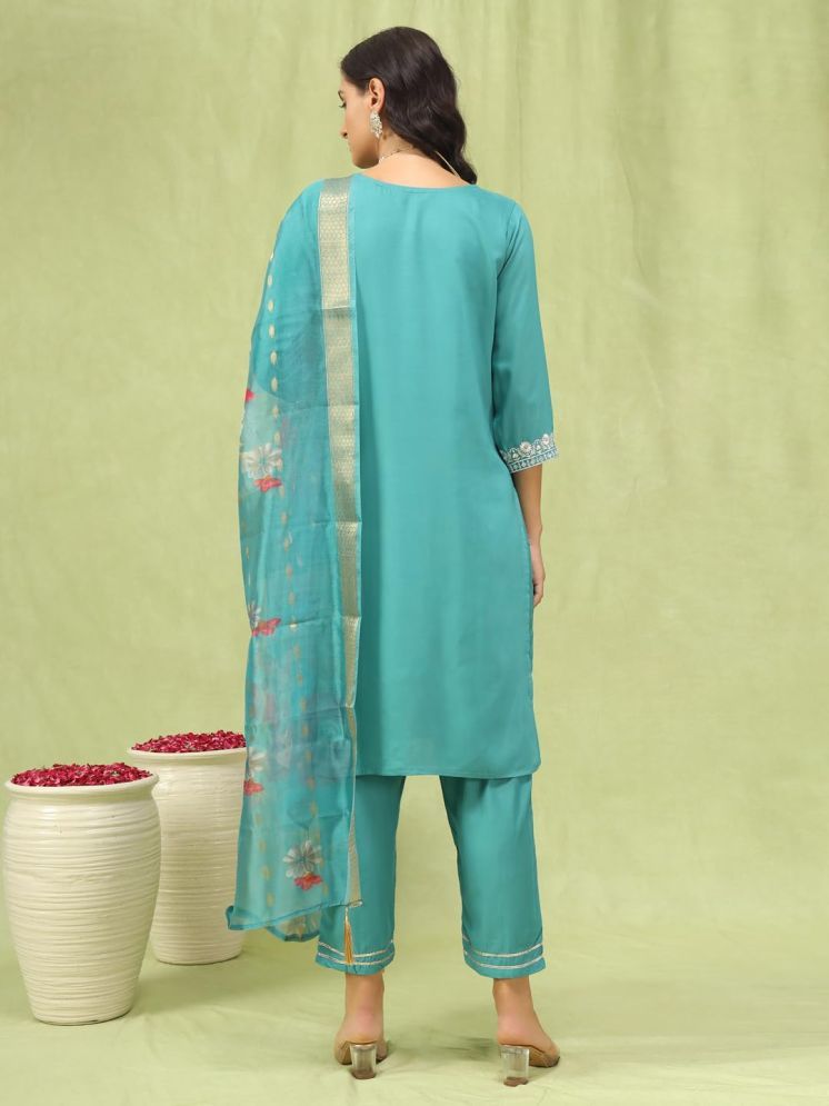 Teal Blue Embroidered Straight Kurta Set with Printed Dupatta