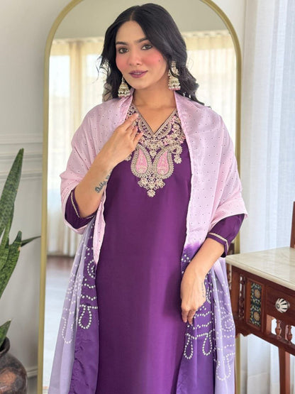 Royal Purple Embroidered Suit Set with Ombre Dupatta
