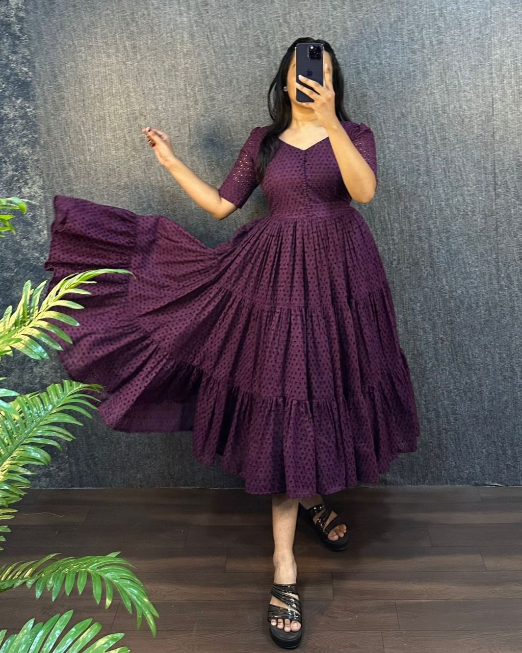 Wine Eyelet Cotton Midi Dress