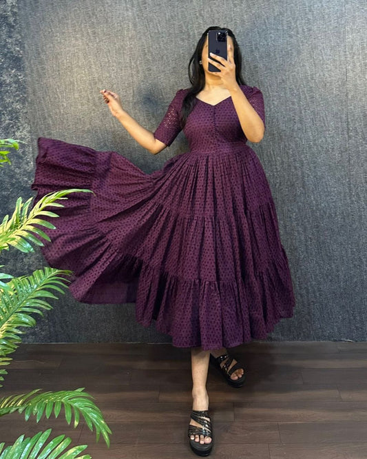 Wine Eyelet Cotton Midi Dress