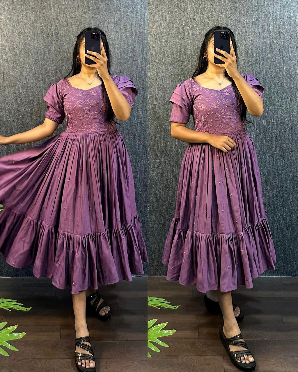Lavender Purple Embroidered Pleated Sleeve Flared Midi Dress