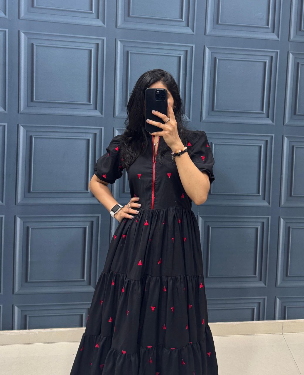 Black Tiered Midi Dress with Puff Sleeves