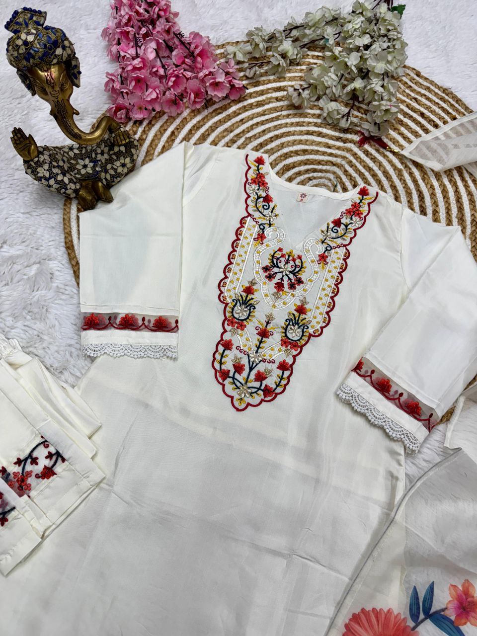 Elegant Cream Embroidered Straight Kurta with Floral Dupatta & Pants Set