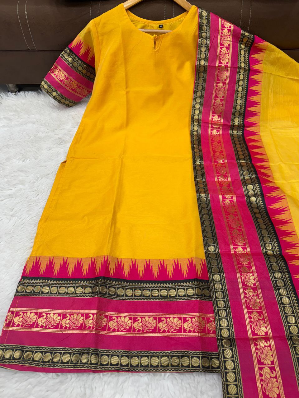 Yellow Cotton Kurti with Pink & Black Banarasi Border Dupatta Set