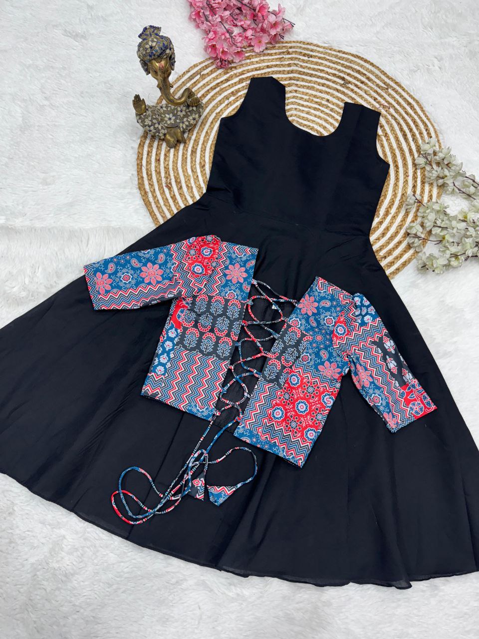 Patchwork Printed Top with Solid Black Flared Midi Dress