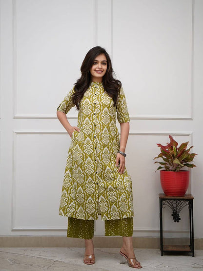 Olive Green Ikat Print Button-Down Kurta Set