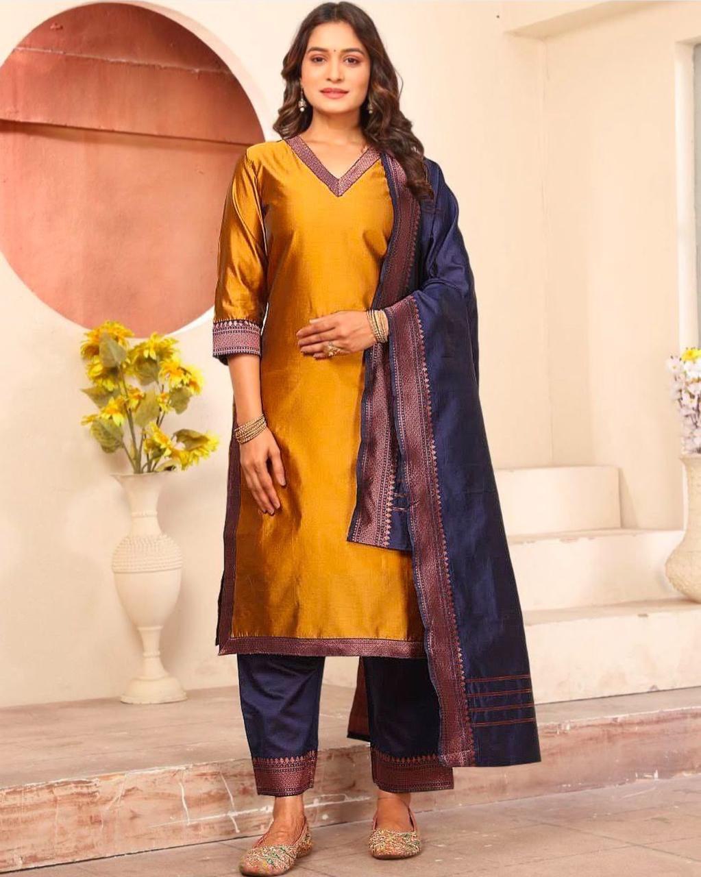 Mustard Yellow Straight Kurta Set with Blue Dupatta