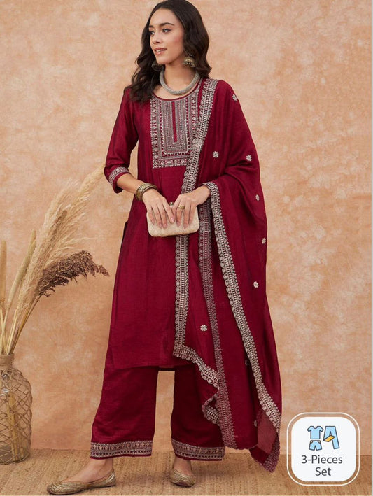 maroon embroidered salwar suit set (3-piece set)