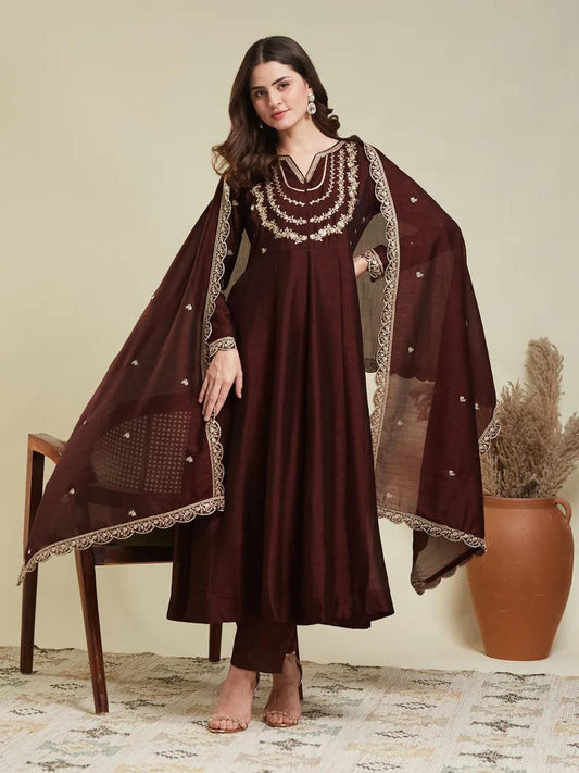 Maroon Embroidered Anarkali Kurta Set with Dupatta