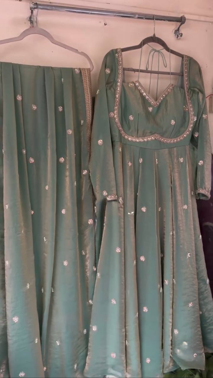 Sky Blue Mirror Work Anarkali Suit