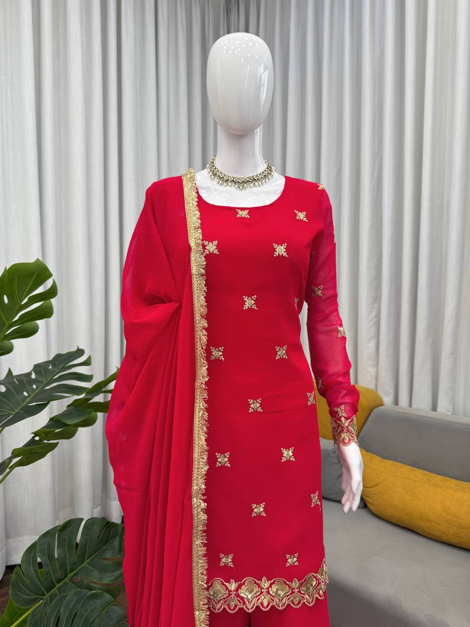 Red Embellished Sharara Suit