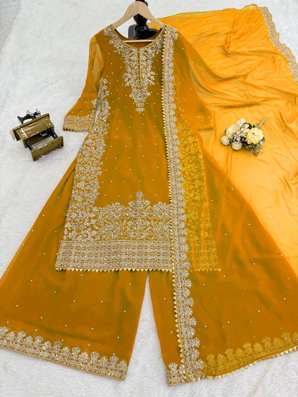 Mustard Embellished Long Kurta with Sharara and Dupatta