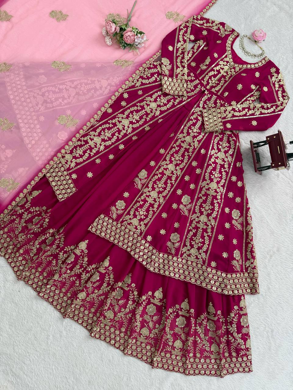 Wine Red Heavy Embroidered Bridal Lehenga with Long Sleeves and Dupatta