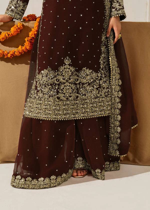Deep Maroon Embellished Long Kurta with Sharara and Dupatta