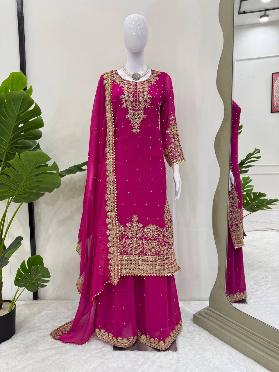 Fuchsia Embellished Long Kurta with Sharara and Dupatta