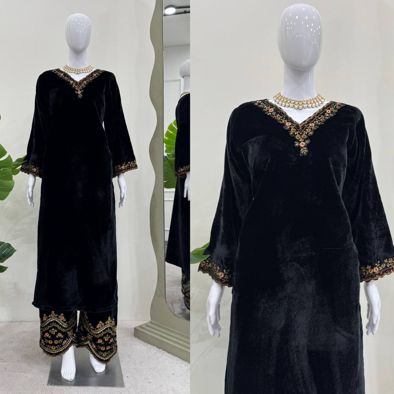 Black Velvet Embroidered Kurta Set